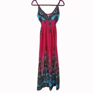 She's Cool Women's Boho Maxi Dress Pink Sz Small With Built In Bra Elastic Waist